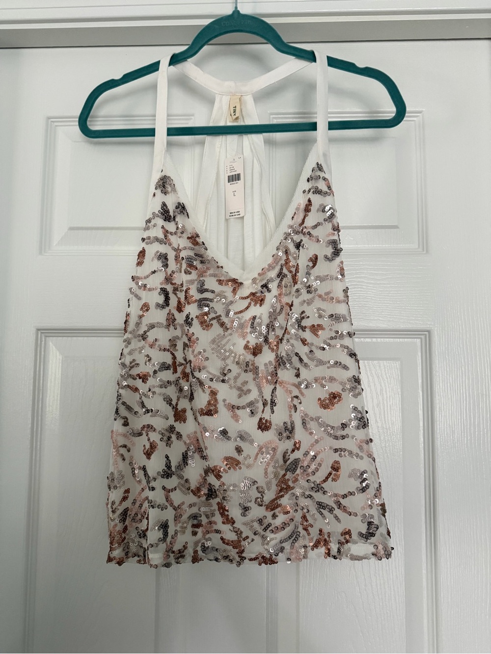 Anthropologie White Sequin-Embellished Spaghetti Strap Camisole - L